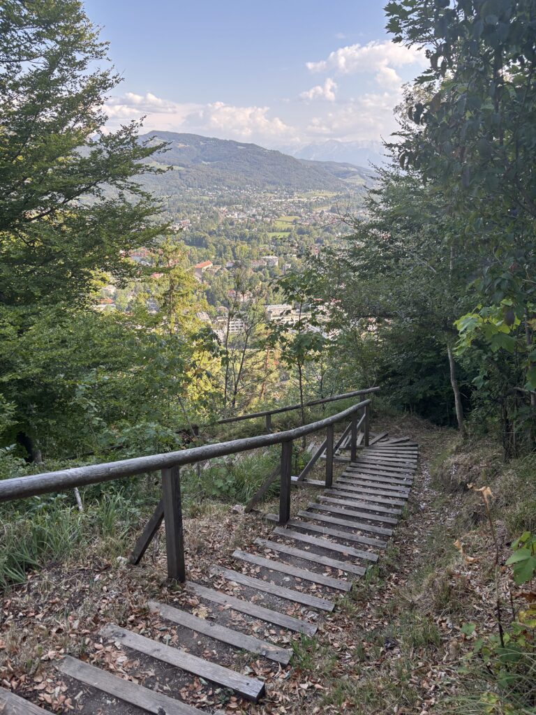 The descent from Kapuzinerberg to Gnigl Valley below via the Imbergstiege Stairs. A rugged trail with great views.
